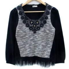 アクシーズファム axes femme ニット カットソー 長袖 ラウンドネック ツイード 切替 刺繍 フェイクパール ビジュー チュール M 紺 ネイビー /SM30