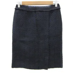 グリーンレーベルリラクシング ユナイテッドアローズ green label relaxing タイトスカート ひざ丈 チェック柄 ツイード フリンジ 38 M 黒 ブラック 青 ブルー /YS8