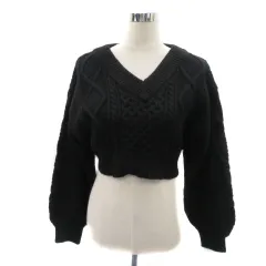 ヘザー Heather ニット セーター 長袖 Vネック ショート丈 ケーブル編み F 黒 ブラック /YK27