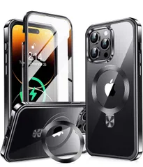 ★【360°全面保護・スタンド・Magsafe対応】KELLCASE iPhone 14 Pro 用 ケース 両面 隠しスタンド・CDリング 横縦両立 ワイヤレス充電 いphone14 pro カバー 黄変防止透明PC背面 ブラック