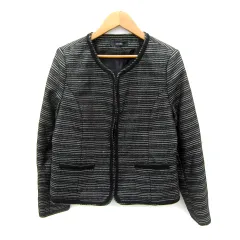 シューラルー SHOO・LA・RUE ノーカラージャケット ミドル丈 ボーダー柄 総裏地 M 黒 ブラック /SY33