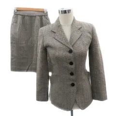 十仁プラザ クチュール jujin plaxa couture フォーマル セットアップ 上下 オープンカラージャケット ミドル丈 総裏地 シングルボタン タイトスカート ひざ丈 スリット シルク混 ヘリンボーン柄 38 M ブラウン /YK31 