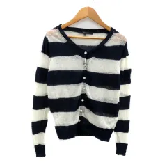 マカフィー MACPHEE トゥモローランド サマーニットカーディガン ミドル丈 ボーダー柄 麻 リネン 1 S 紺 ネイビー オフホワイト /HO26