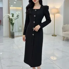 スクエアネック ロング ワンピース ゲストルック オフィスルック デートコーデ (M) ㅡ 送料無料