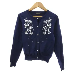 クイーンズコート QUEENS COURT ニットカーディガン ミドル丈 ラウンドネック ビーズ フェイクパール 2 紺 ネイビー 白 ホワイト /YS28