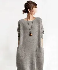 ワンピース ニット 即購入OK レディース ニットワンピ 長袖 無地 クルーネック ポケット付き ロング丈 膝下丈 体型カバー ゆったり シンプル カジュアル おしゃれ かわいい 秋 冬 通勤 通学