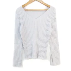 N.Natural Beauty Basic N.ナチュラルビューティーベーシック リブニット カットソー 長袖 Vネック 無地 M ライトグレー /FF31