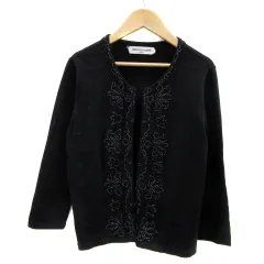 クリスチャンオジャール CHRISTIAN AUJARD ニットカーディガン ミドル丈 ラウンドネック ビーズ 9T 黒 ブラック /YS30