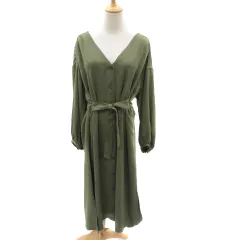 グローバルワーク GLOBAL WORK シャツワンピース ロング丈 長袖 ウエストリボン オーバーサイズ M カーキ /YK38