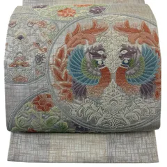 袋帯 秀品 向かい鳥 花唐草 相良刺繍 ベージュ お太鼓柄 正絹 【中古】
