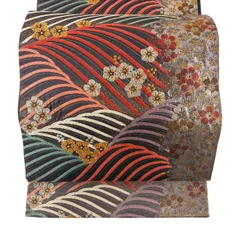 【美品】 袋帯 秀品 振袖向き 波 梅 金銀糸 唐織 焦茶色 六通 正絹 【中古】