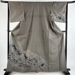 【美品】 付下げ 身丈164.5cm 裄丈65cm M 袷 紬地 樹木 建物 灰茶 正絹 秀品 【中古】