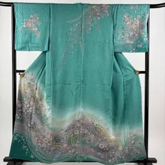 訪問着 身丈157cm 裄丈65.5cm M 袷 辻が花柄 金銀彩 絞り 青緑 正絹 秀品 【中古】