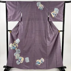 【美品】 付下げ 身丈162.5cm 裄丈65cm M 袷 紬地 破れ色紙 草花 紫 正絹 秀品 【中古】
