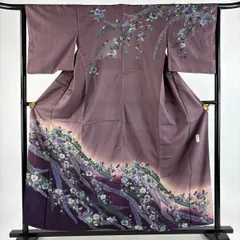 訪問着 身丈158cm 裄丈63.5cm S 袷 紬地 落款 辻が花 金彩 ぼかし 紫 正絹 秀品 【中古】