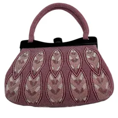 和装バッグ 優品 ビーズバッグ フォーマル 葉柄 幾何学模様 赤紫 ビーズ 和装小物  【中古】