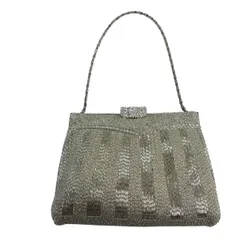 【美品】 和装バッグ 優品 ビーズバッグ フォーマル チェーン付き 縞 唐草 ラインストーン 白 ビーズ 和装小物  【中古】