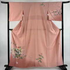 【美品】 付下げ 身丈163cm 裄丈64.5cm M 袷 落款 枝花 霞 ぼかし ピンク 正絹 秀品 【中古】