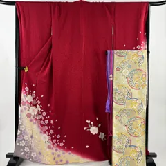 【美品】 振袖 身丈165cm 裄丈67cm M 袷 袋帯フルセット 桜 花びら 金糸 染め分け 赤 正絹 秀品 【中古】