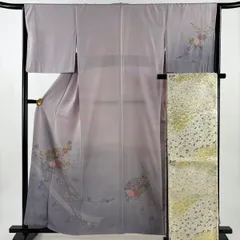 【美品】 付下げ 身丈160cm 裄丈64.5cm M 袷 袋帯セット 巻物 梅 刺繍 ぼかし 薄紫 正絹 秀品 【中古】