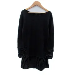 23区 オンワード樫山 チュニック ラウンドネック 長袖 シャーリング ボーダー柄 38 M 黒 ブラック チャコールグレー /HO44