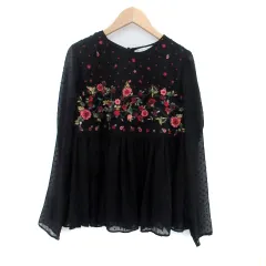 ザラ トラファルック ZARA Trafaluc ブラウス カットソー ラウンドネック 長袖 バックシャン 花柄 刺繍 XS マルチカラー 黒 ブラック /HO32