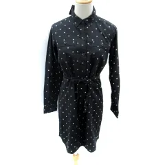 エディーバウアー EDDIE BAUER シャツワンピース ひざ丈 長袖 ドット柄 リボン P0 ダークグレー アイボリー /SM17