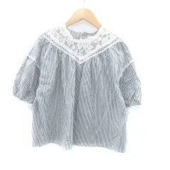 ディスコート Discoat ブラウス カットソー ラウンドネック 半袖 レース 切替 ストライプ柄 M オフホワイト 黒 ブラック /HO35