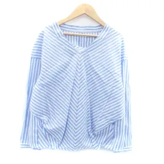 イネド INED ブラウス カットソー Vネック 長袖 ストライプ柄 9 M オフホワイト 青 ブルー /HO29
