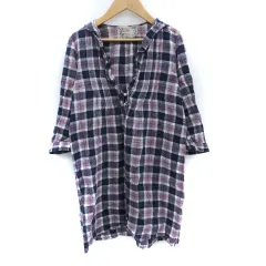 ラクレ Lacle シャツチュニック 七分袖 スリットネック チェック柄 麻 リネン マルチカラー 紺 ネイビー 赤 レッド /SM20