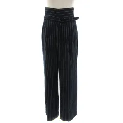 ビス ViS スラックスパンツ タック ロング丈 ストライプ柄 ハイウエスト ベルト付き M 紺 ネイビー 白 ホワイト /YS1