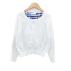 ピッチュン Pitchoune ニットカーディガン ラウンドネック ショート丈 チェック柄 切替 オフホワイト 青 ブルー /HO7