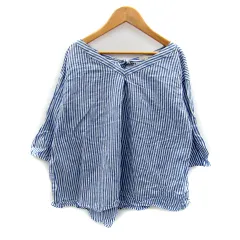 スタディオクリップ Studio Clip ブラウス カットソー 七分袖 Vネック ストライプ柄 リボン リネン混 M 青 ブルー 白 ホワイト /SY35