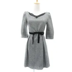 ウィルセレクション WILLSELECTION ワンピース ひざ丈 七分袖 Vネック レース リボン XS ブラック 黒 ホワイト 白 /YM16