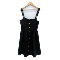 アンクルージュ Ank Rouge ジャンパースカート ワンピース スクエアネック ひざ丈 ラインストーン M 黒 ブラック /HO7