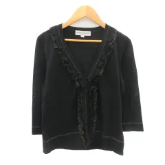 クリスチャンオジャール CHRISTIAN AUJARD カーディガン ミドル丈 Vネック 七分袖 レース 麻 リネン混 9 黒 ブラック /YK25