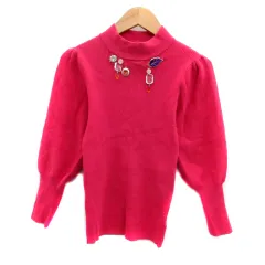 スナイデル SNIDEL リブニット オフネック パフスリーブ 七分袖 ラインストーン F マゼンタ /HO28