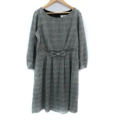 クチュールブローチ COUTURE BROOCH ワンピース ミモレ丈 長袖 ラウンドネック グレンチェック柄 リボン 38 M アイボリー 黒 ブラック /SM14