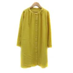 シューラルー SHOO・LA・RUE シャツワンピース ひざ丈 長袖 バンドカラー 無地 麻 リネン混 オーバーサイズ M 黄色 イエロー /YS43