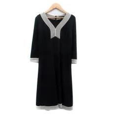 アイシービー iCB ワンピース Vネック 七分袖 ひざ丈 4 L 黒 ブラック グレー /HO5