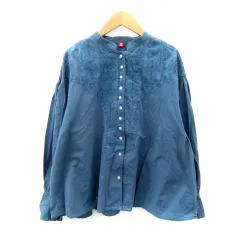 アミナ Amina ブラウス シャツ 長袖 バンドカラー 刺繍 オーバーサイズ 青 ブルー /SY11