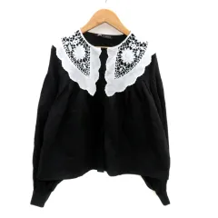 ザラ ZARA シャツ ブラウス ビッグカラー 長袖 レース 切替 M 黒 ブラック オフホワイト /HO29