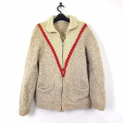 ヴィンテージ VINTAGE 80’S 90’S 希少 カウチン セーター カーディガン ハンドメイド ジップアップ 古着 レトロ柄 S アイボリー オレンジ グレー レア