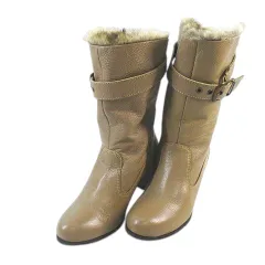 アルファキュービック ALPHA CUBIC ミドルブーツ ベルトデザイン インサイドファー 23.5㎝ ベージュ レザー 