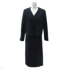 スタイルデリ STYLE DELI セットアップ 上下 ノーカラージャケット ミドル丈 前開き ワンピース ロング丈 ノースリーブ Vネック リボンベルト付き S 紺 ネイビー /YS38