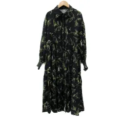 ジーナシス JEANASIS シャツワンピース マキシ丈 ロング丈 長袖 ボタニカル柄 オーバーサイズ F マルチカラー 黒 ブラック /YS17