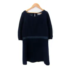 ナチュラルビューティーベーシック NATURAL BEAUTY BASIC ワンピース ひざ丈 七分袖 ラウンドネック 無地 L 紺 ネイビー /SY1