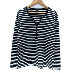トミーヒルフィガー TOMMY HILFIGER Tシャツ カットソー 長袖 スリットネック ボーダー柄 M 紺 ネイビー 白 ホワイト /SM5