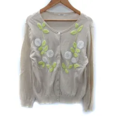 ハウピア haupia ニットカーディガン ミドル丈 刺繍 麻 リネン 38 M ベージュ 黄 イエロー /SM25