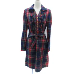 トミーヒルフィガー TOMMY HILFIGER シャツワンピース ミモレ丈 長袖 スキッパーカラー チェック柄 リボン フリル M マルチカラー 紺 ネイビー 赤 レッド /SM32